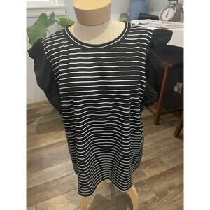 Notations Black And White Stripe Cap Ruffle Sleeve Top 1 X NWT